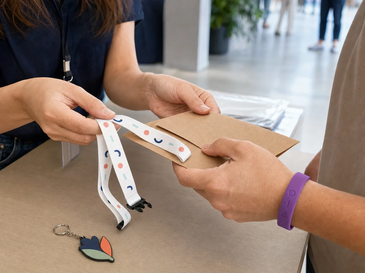 Event check-in with a custom lanyard, silicone wristband and PVC keychain